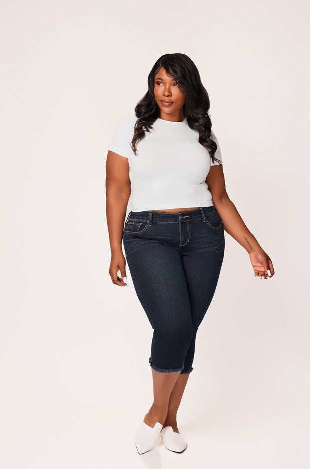 Denim Crop Jeans with Frayed Hem, Baylor / Dark Wash, hi-res image number 0