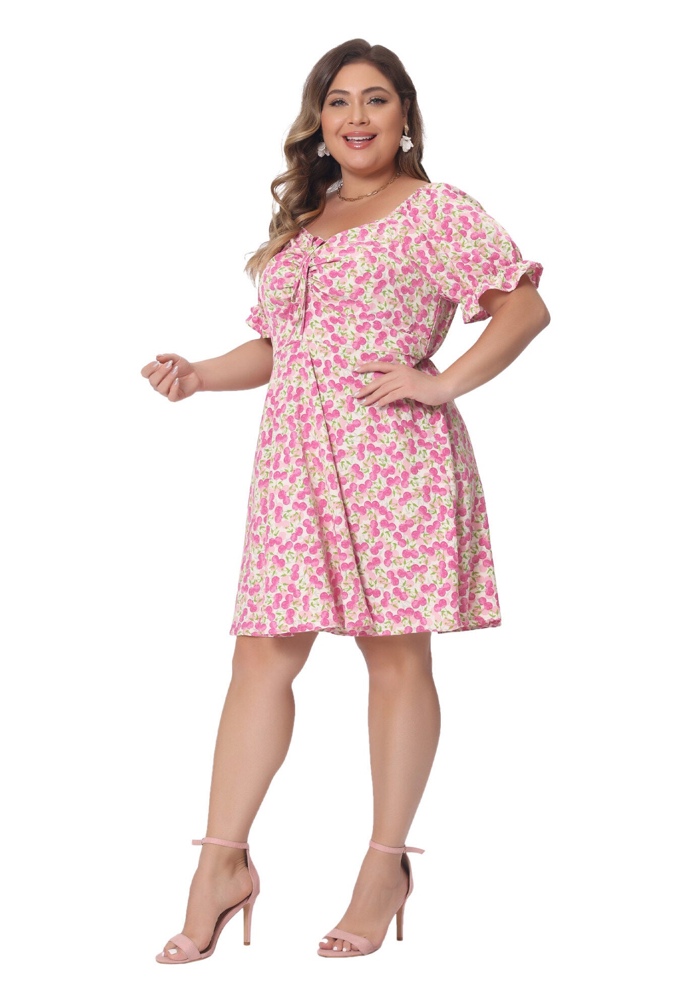 Sweetheart Neck Puff Short Sleeve Tie Swing A Line Midi Floral Dress, Hot Pink / Pink, hi-res image number 0