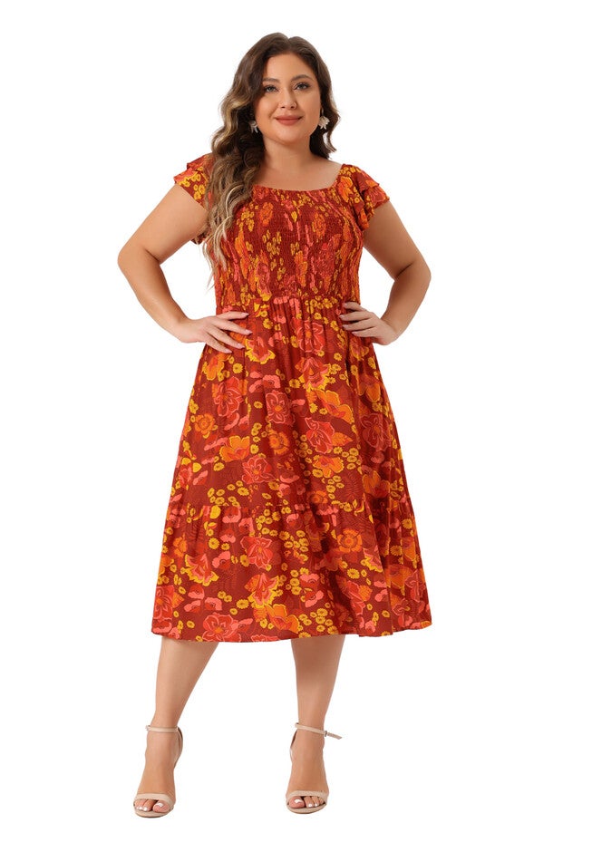 Square Neck Flutter Sleeve Smocked High Waist Flowy Summer Midi Dress, Brick Red / Red, hi-res image number null