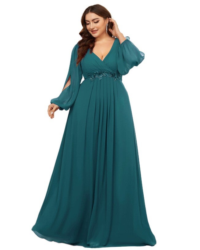 Chiffon V-Neckline Long Sleeve Formal Evening Dress, Teal / Teal, alternate image number 4