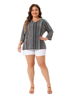 3/4 Sleeve Knit Blouse Tee Stripe Boho Top