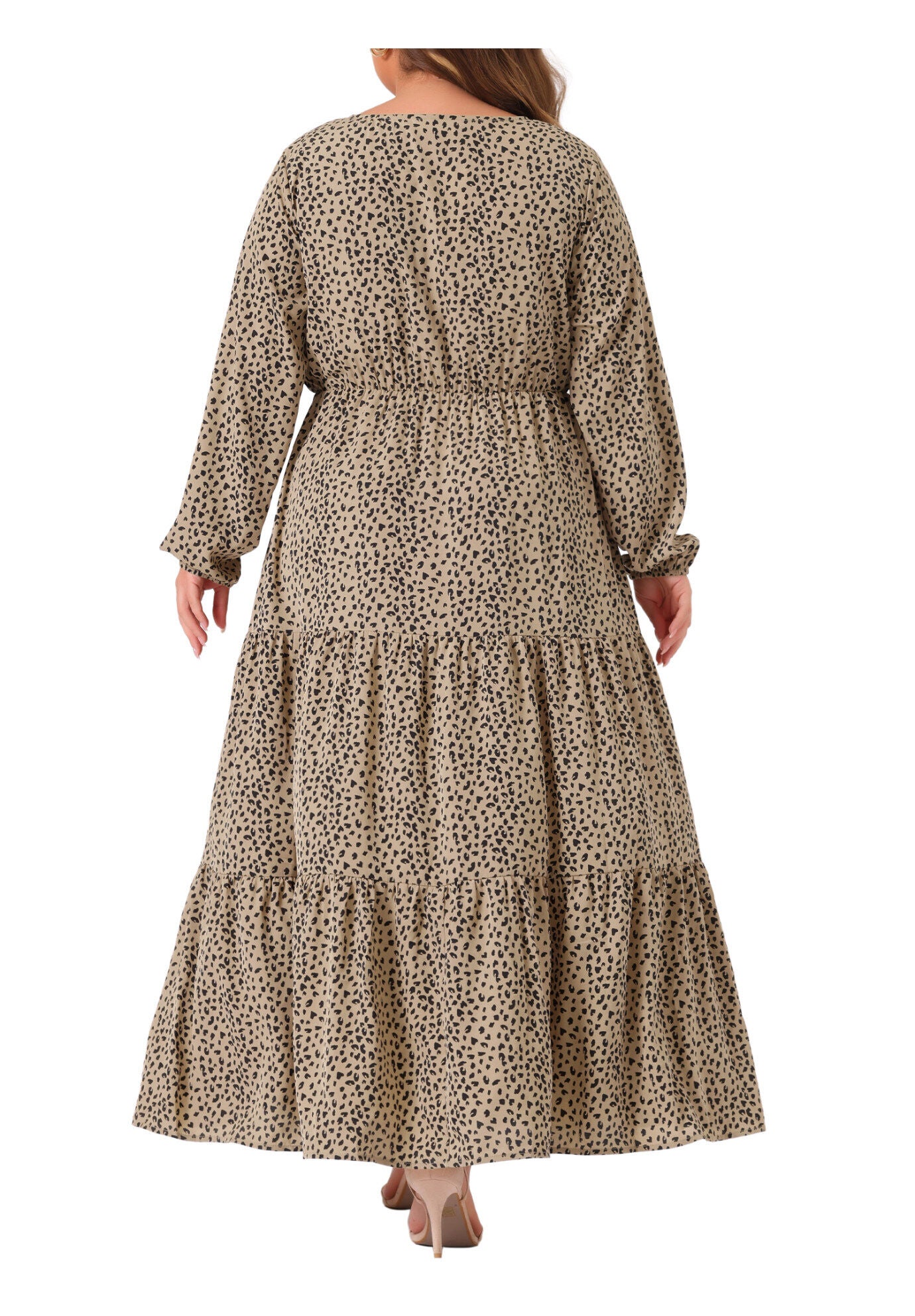 Printed Long Maxi Dress Lantern Sleeve Ruffle Hem Flowy Boho Dress, Khaki / Brown, alternate image number 3