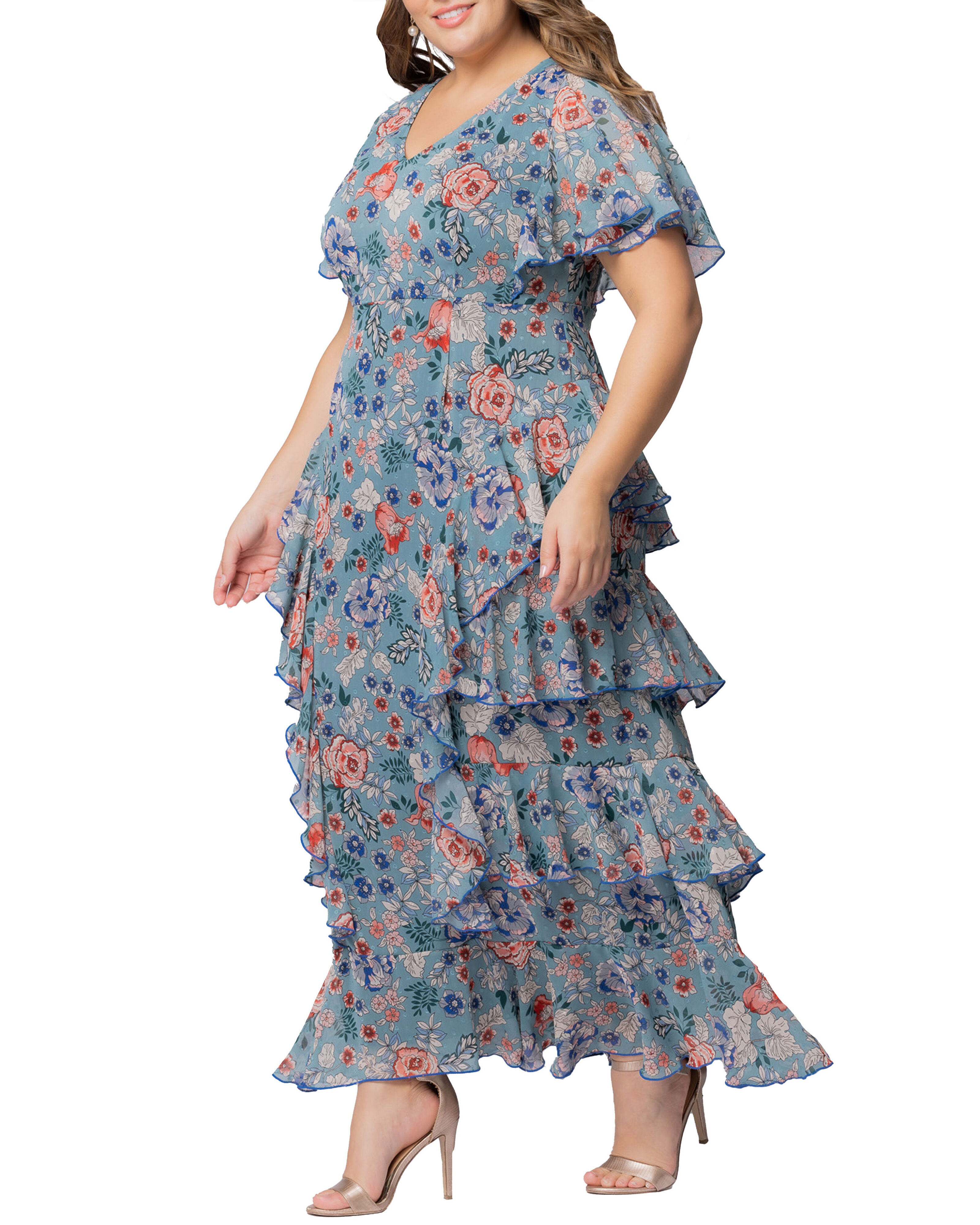 Tour de Flounce Chiffon Evening Gown, BLUE GARDEN PRINT / Azure Blue, alternate image number 3