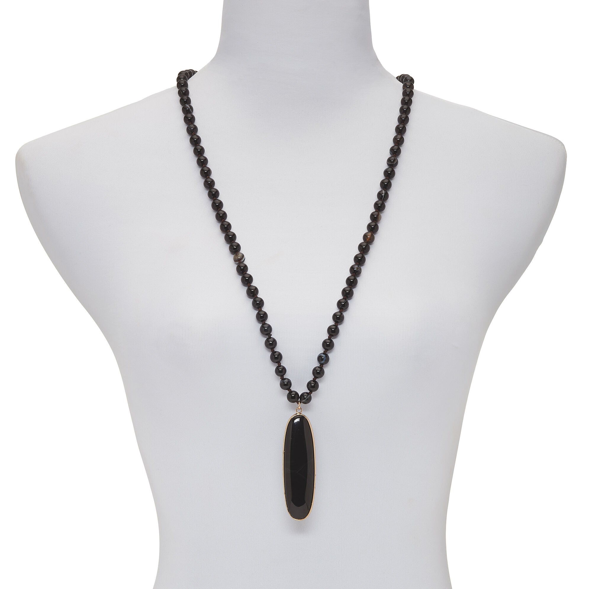 Genuine Black Agate Goldtone Bezel Set Oval Cabochon Beaded Necklace 34 Inch, , alternate image number 7