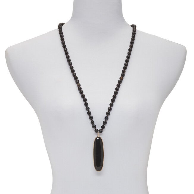 Genuine Black Agate Goldtone Bezel Set Oval Cabochon Beaded Necklace 34 Inch, , alternate image number 7
