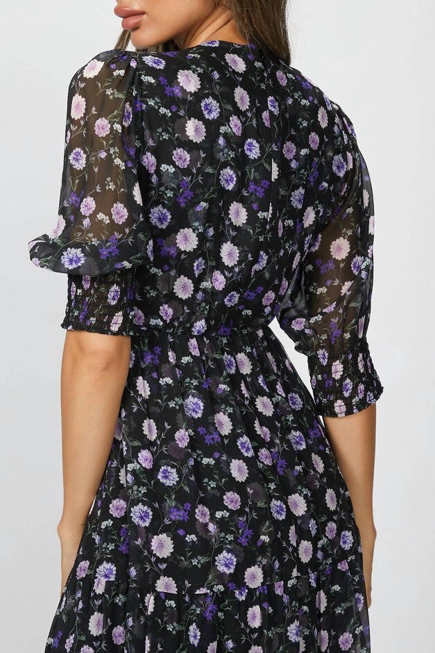 PRINTED MIDI DRESS IN BLACK/PURPLE PEONY, BlackPurple Peony / Black, alternate image number 4