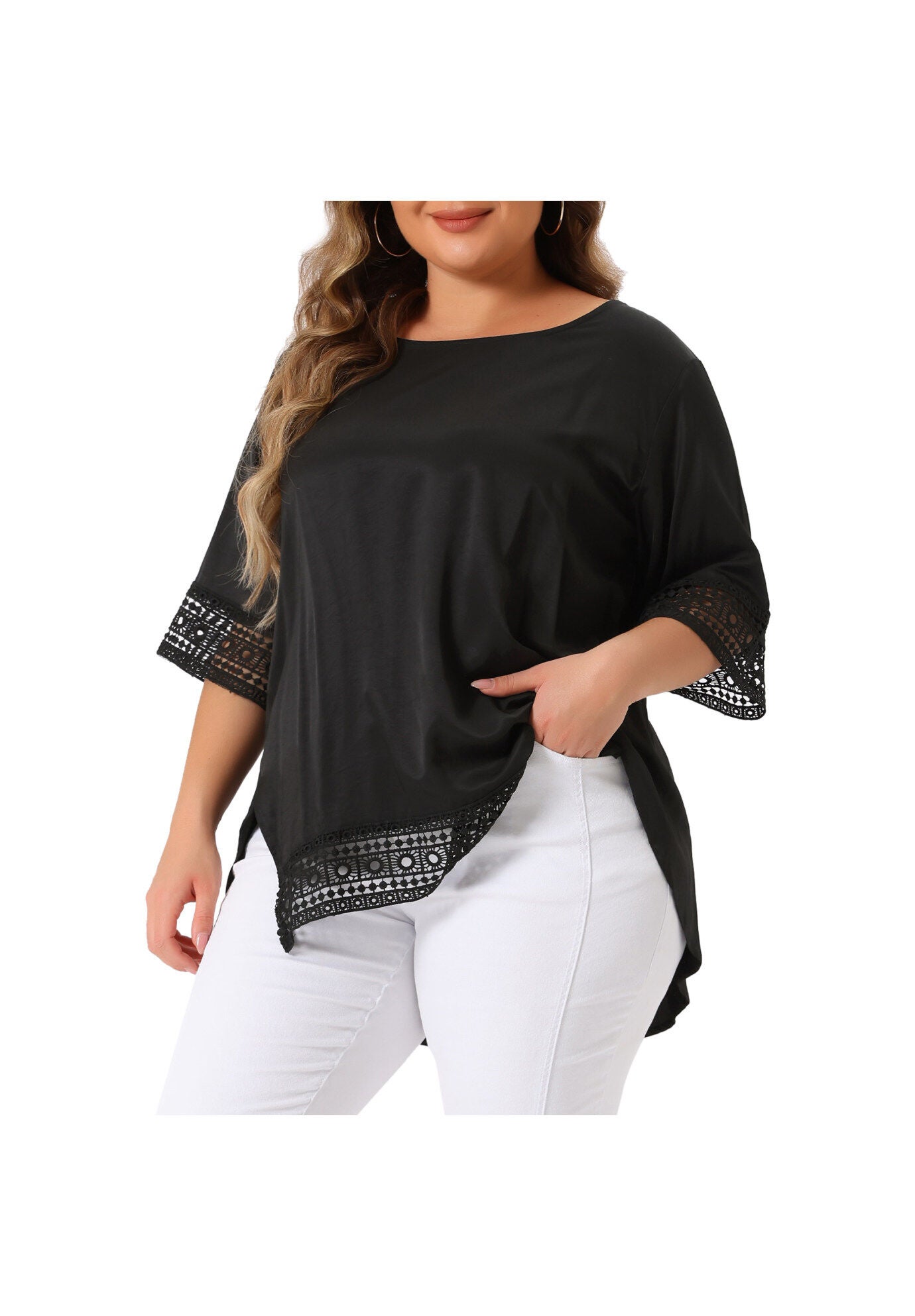 Crewneck Lace Crochet Short Sleeve Casual Loose Top, Black / Black, alternate image number 2