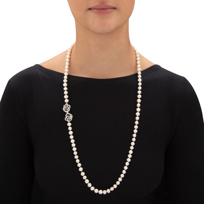1.42 Cttw. White Genuine Pearl Necklace W/Cubic Zirconia Clasp Silvertone 32 inches, , alternate image number 6