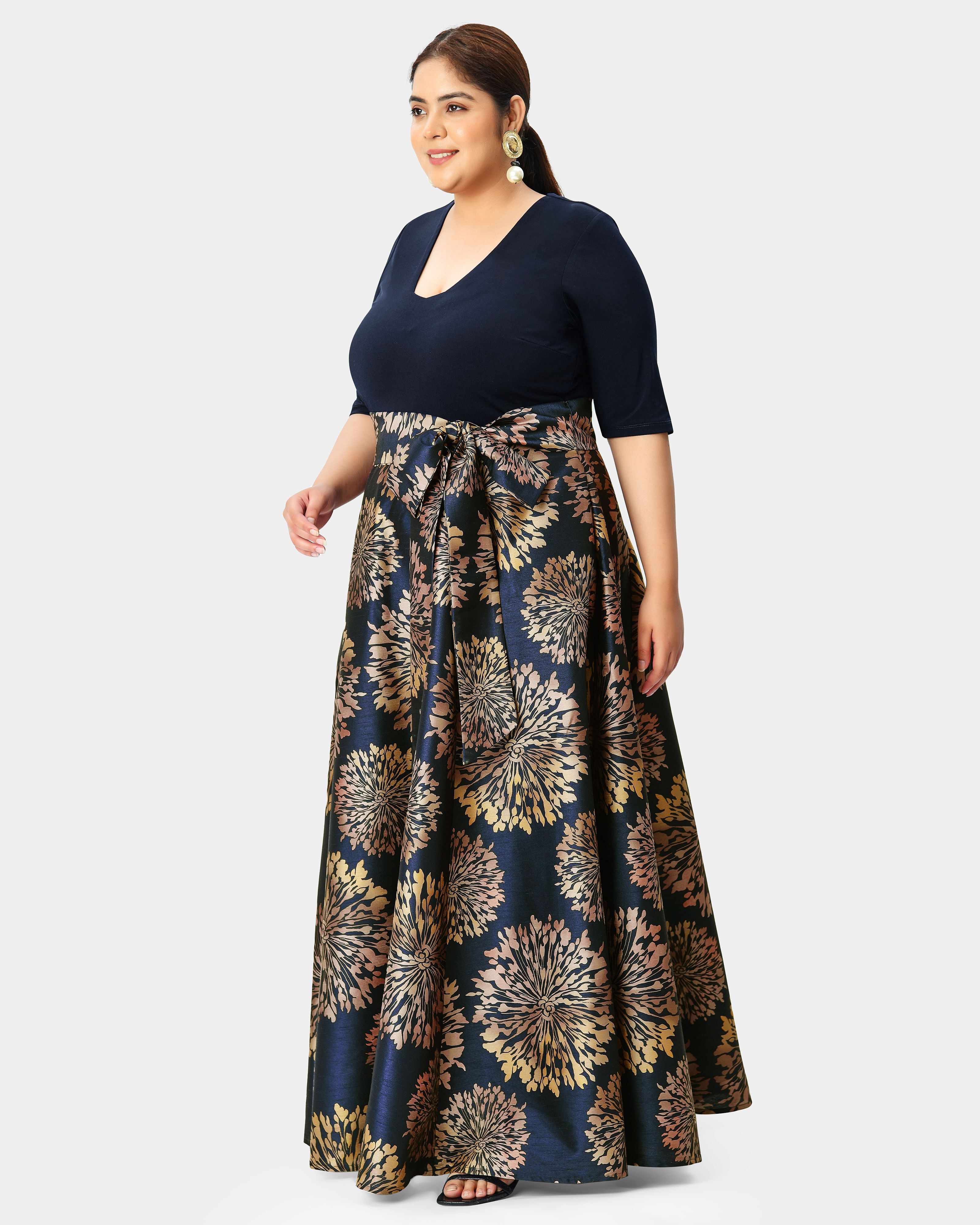Floral print dupioni and jersey knit v-neck maxi dress, Navy / Navy, alternate image number 1
