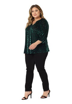 Vintage Velvet Top Sheer Mesh V Neck 3/4 Sleeve Elegant Blouse