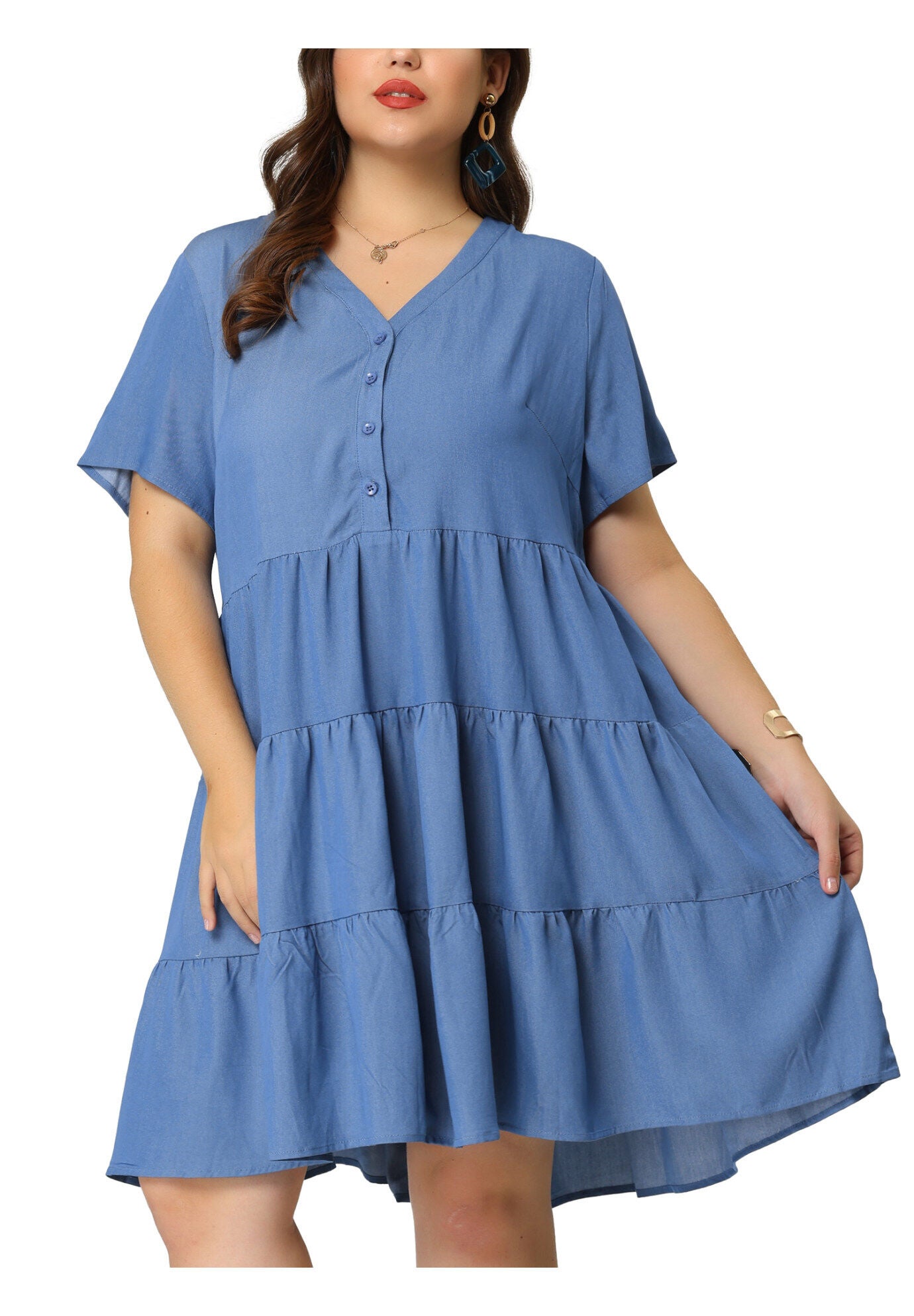 Button Down V Neck Knee Length Tiered Chambray Dress, Blue / Light Green, alternate image number 1