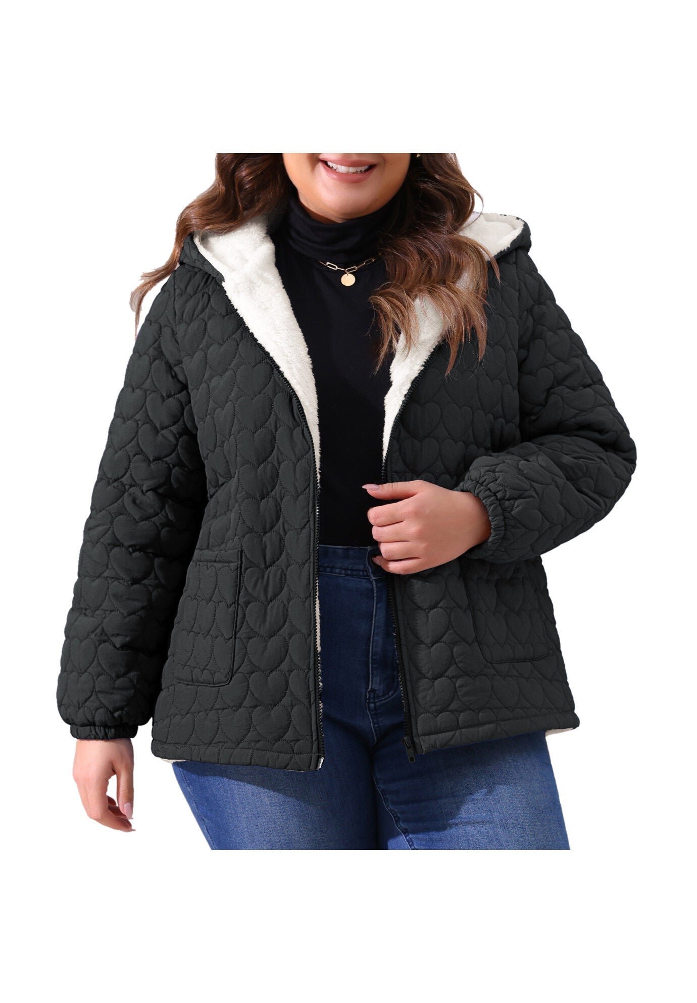 Puffer Hooded Jacket Quilted Full Zip Winter Coats, Black / Black, alternate image number 2