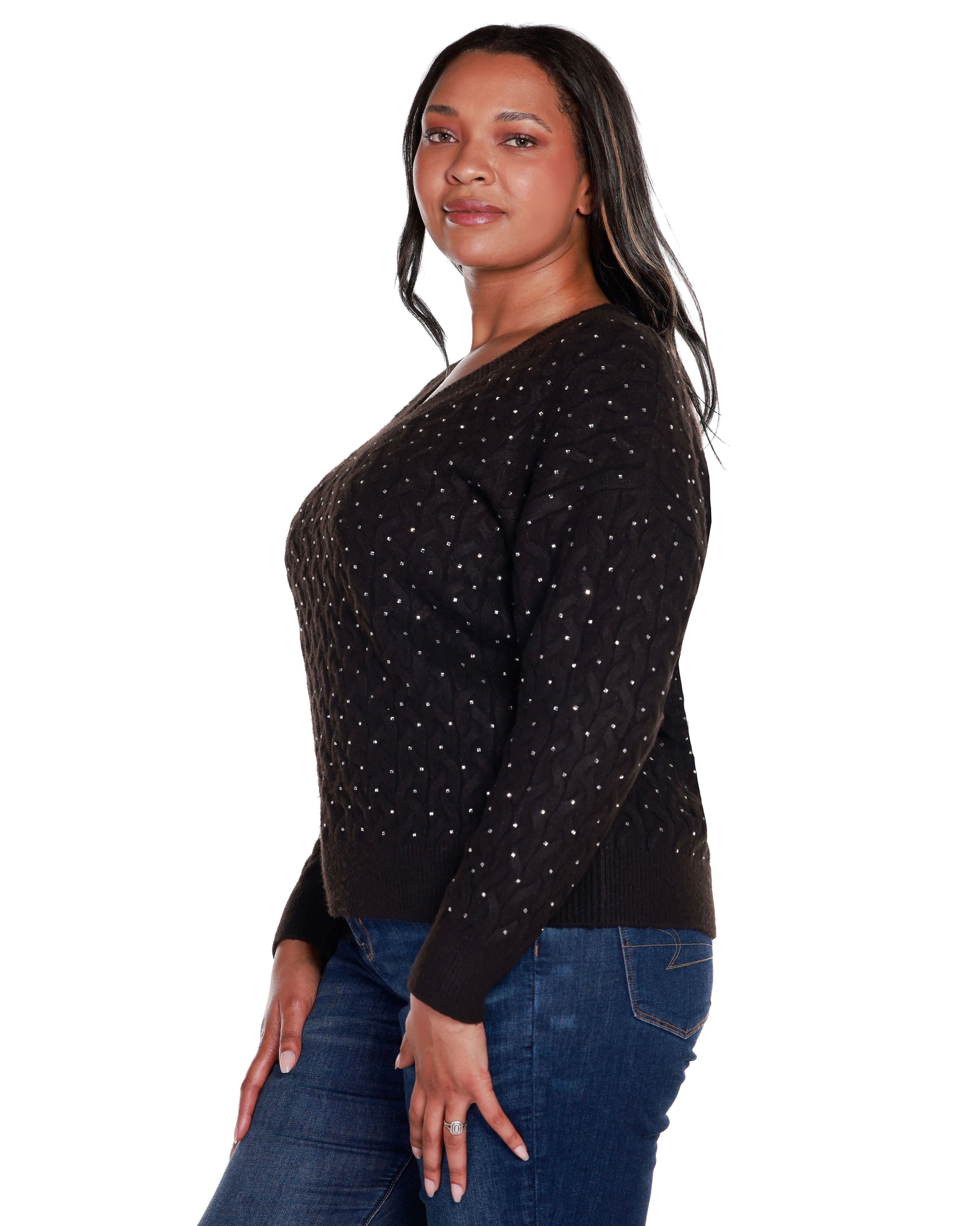 EMBELLISHED CABLED V-NECK SWEATER, Black / Black, alternate image number 2