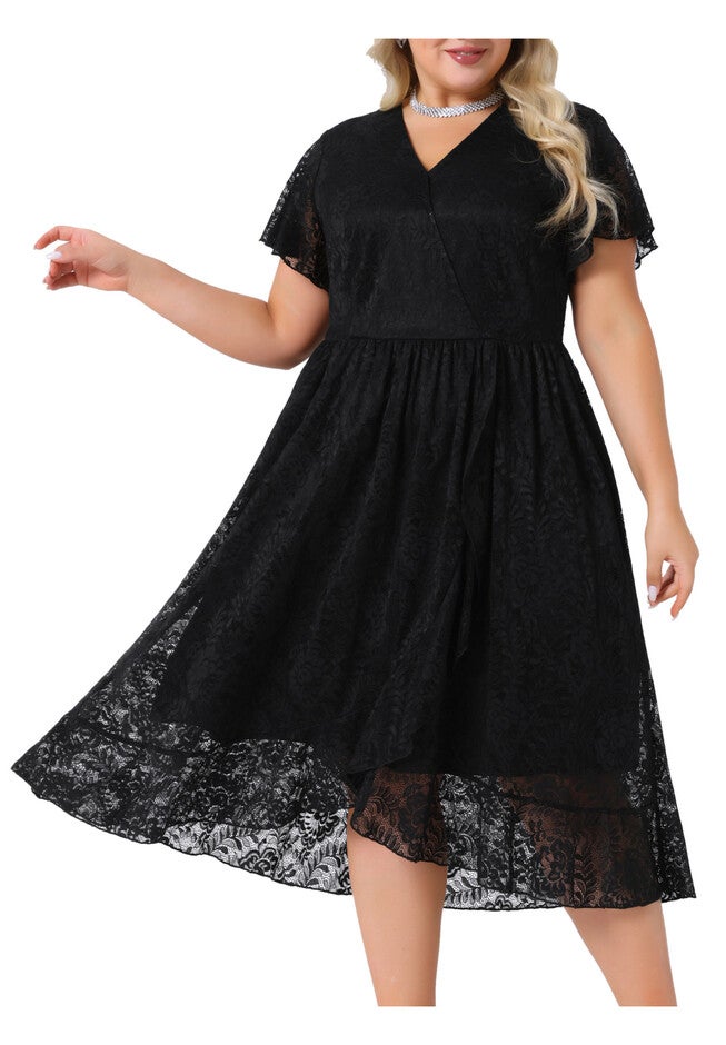 Lace Cocktail Faux Wrap V Neck Short Sleeve Flowy A Line Wedding Guest Midi Dress, Black / Black, alternate image number 1
