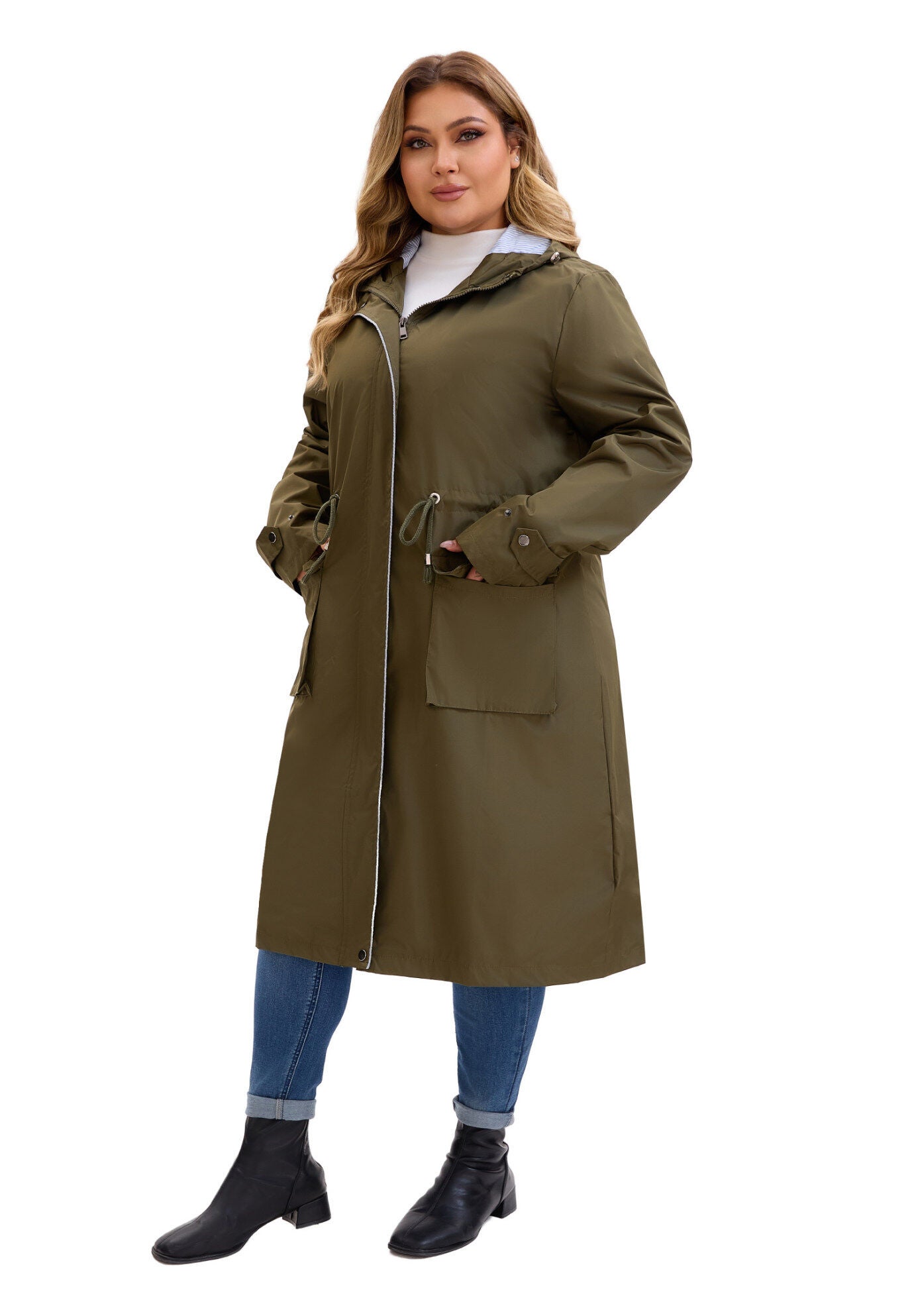 Drawstring Waist Zipper Waterproof Rain Windbreaker Jacket, Army Green / Olive Green, alternate image number 1