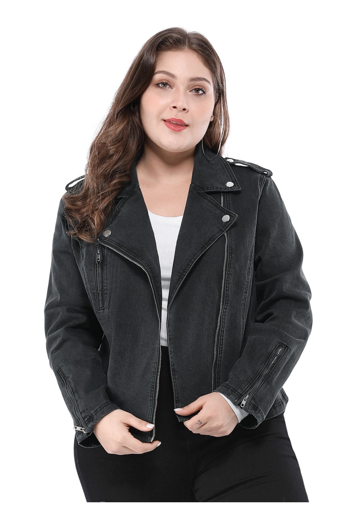 COLLAR INCLINED ZIP CLOSURE DENIM BIKER MOTO JACKET, Black / Black, alternate image number 1