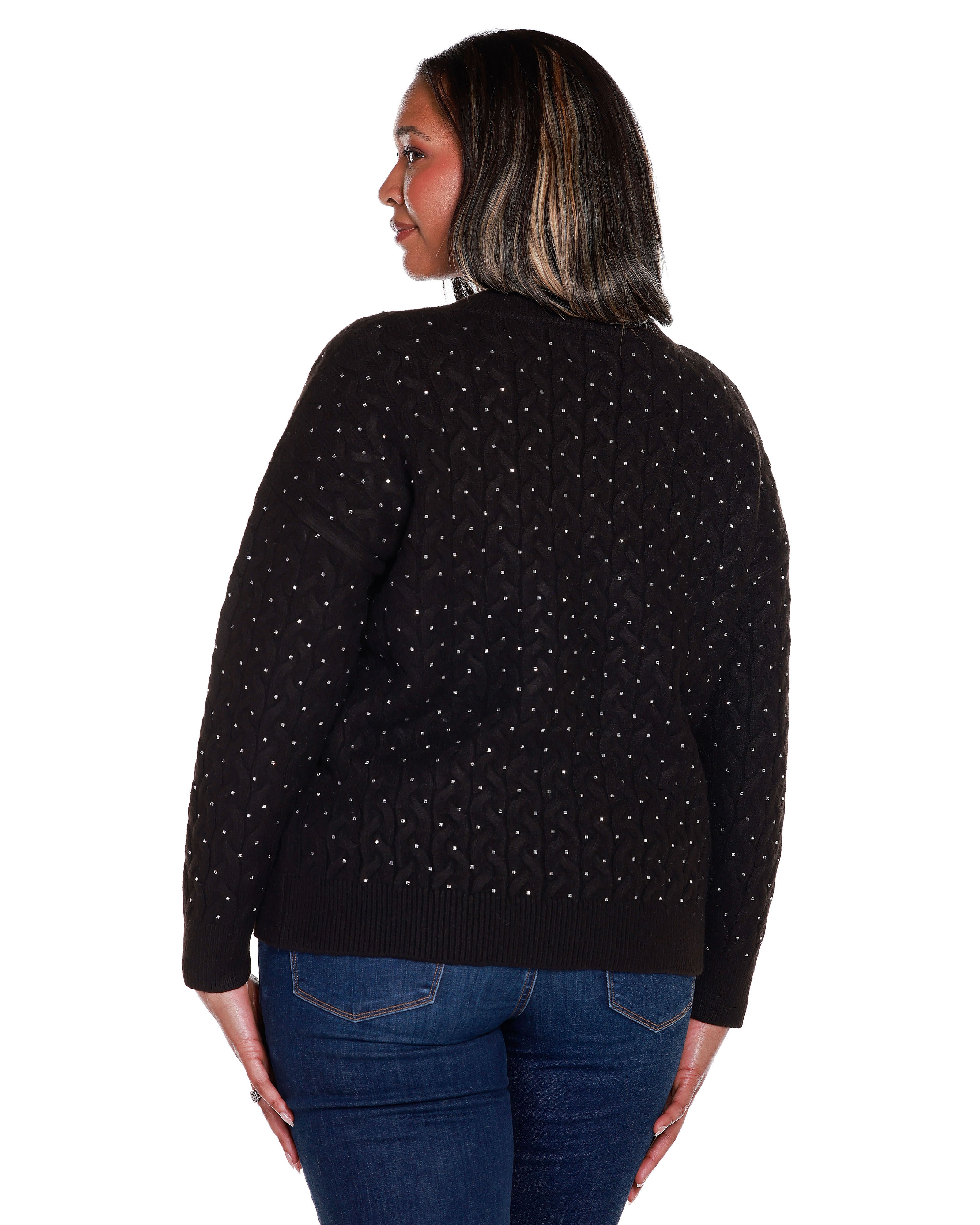 EMBELLISHED CABLED V-NECK SWEATER, Black / Black, alternate image number 1