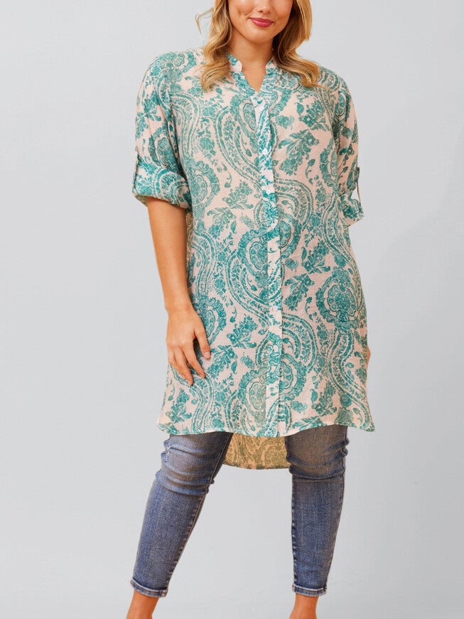 Cezanne Tunic Shirt Dress Semi-Sheer Paisley Print, Green / Light Green, alternate image number 2
