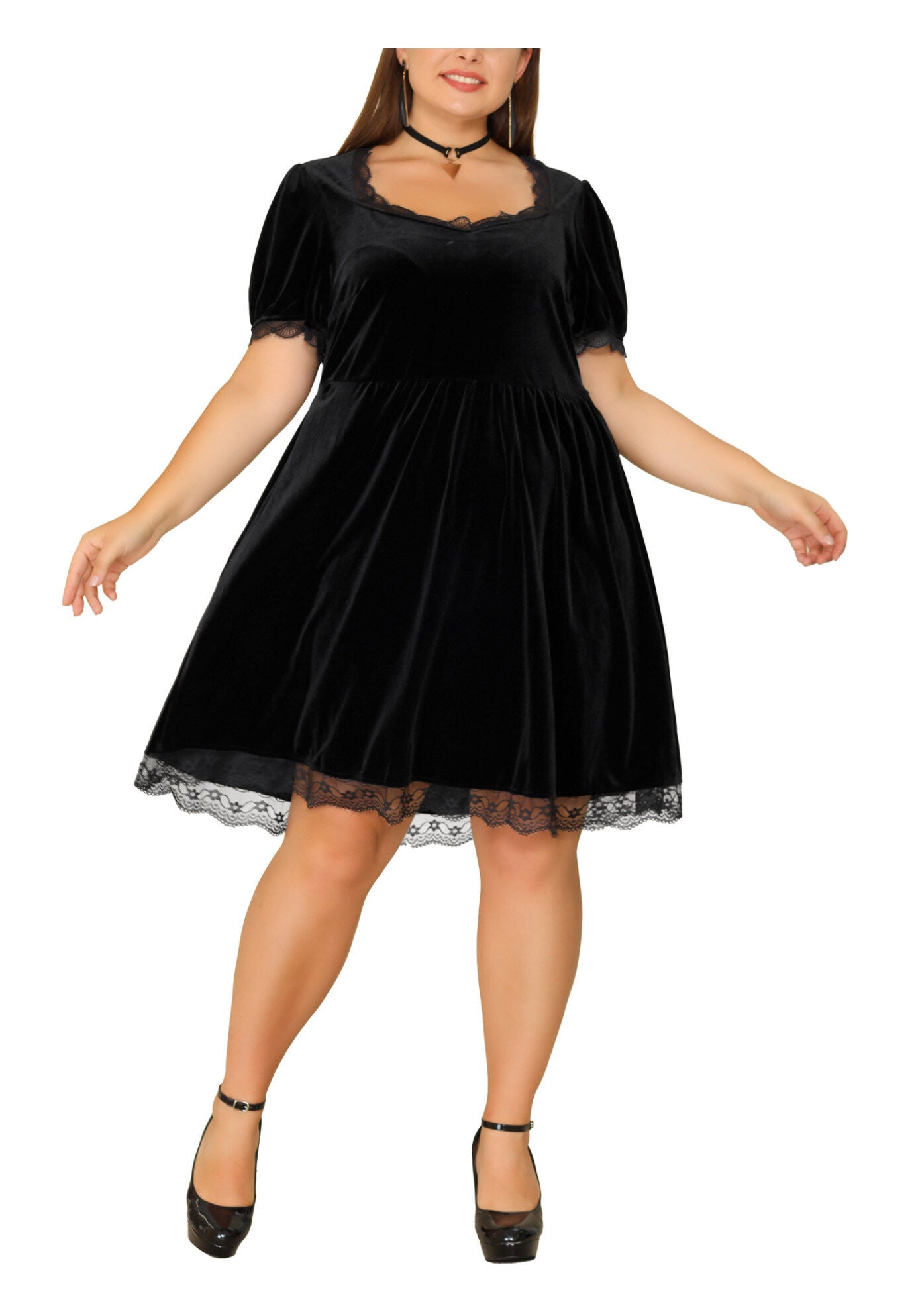 VELVET LACE TRIM SHORT SLEEVE DRESS, Black / Black, alternate image number 2
