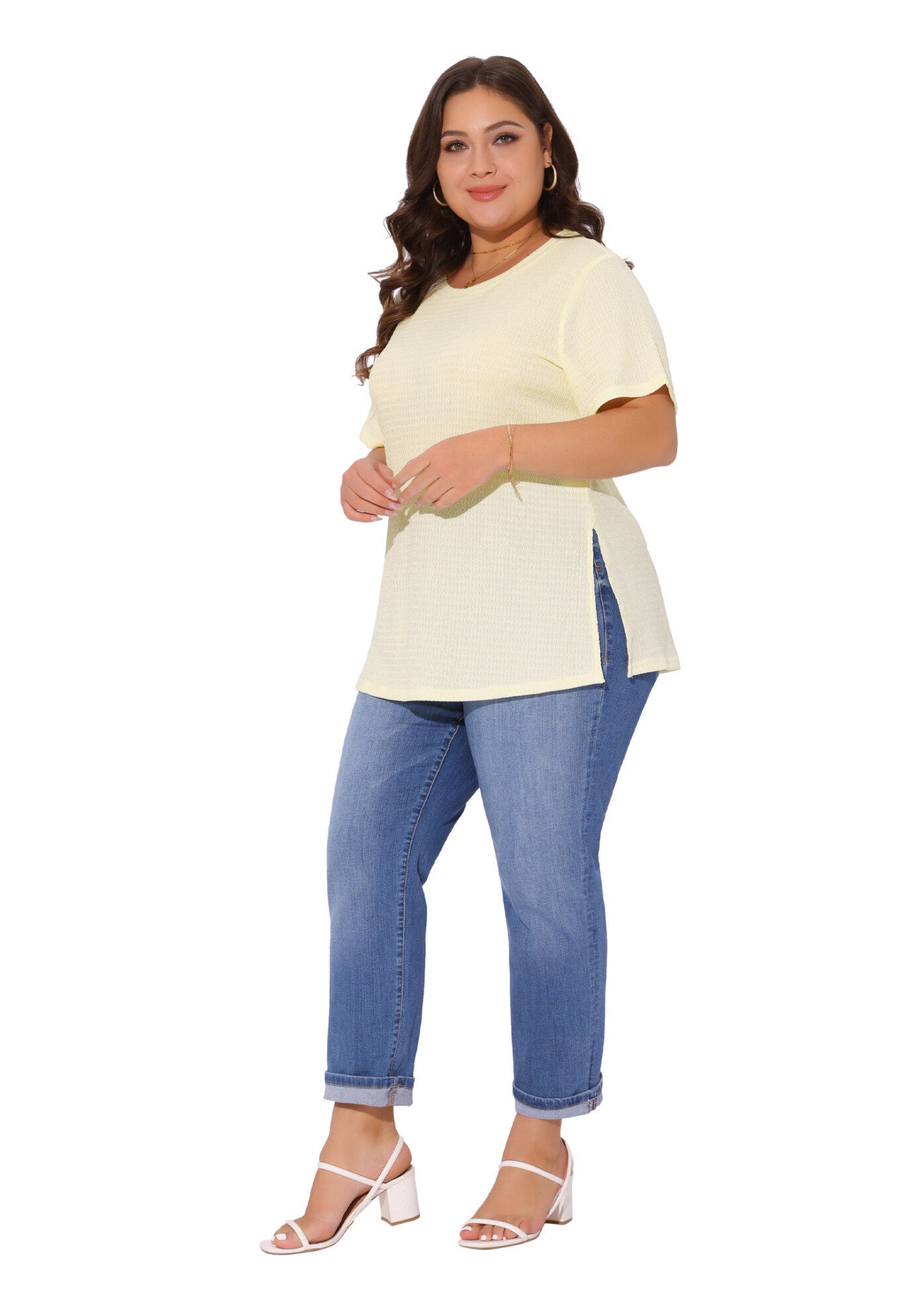 Short Sleeve Side Split T-Shirt Tee, Beige / Beige, hi-res image number 0