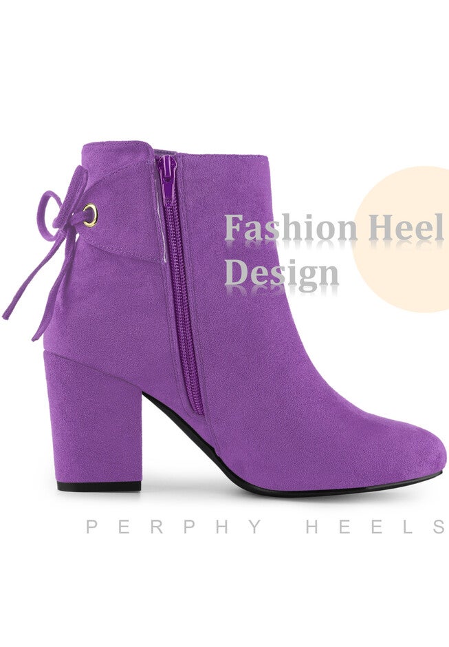 Round Toe Lace Up Back Chunky High Heels Ankle Boots, Purple / Purple, alternate image number 3