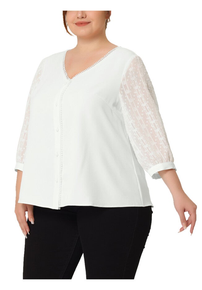 V Neck Sheer Lace Panel 3/4 Sleeve Button Up Lace Top, White / White, alternate image number 1
