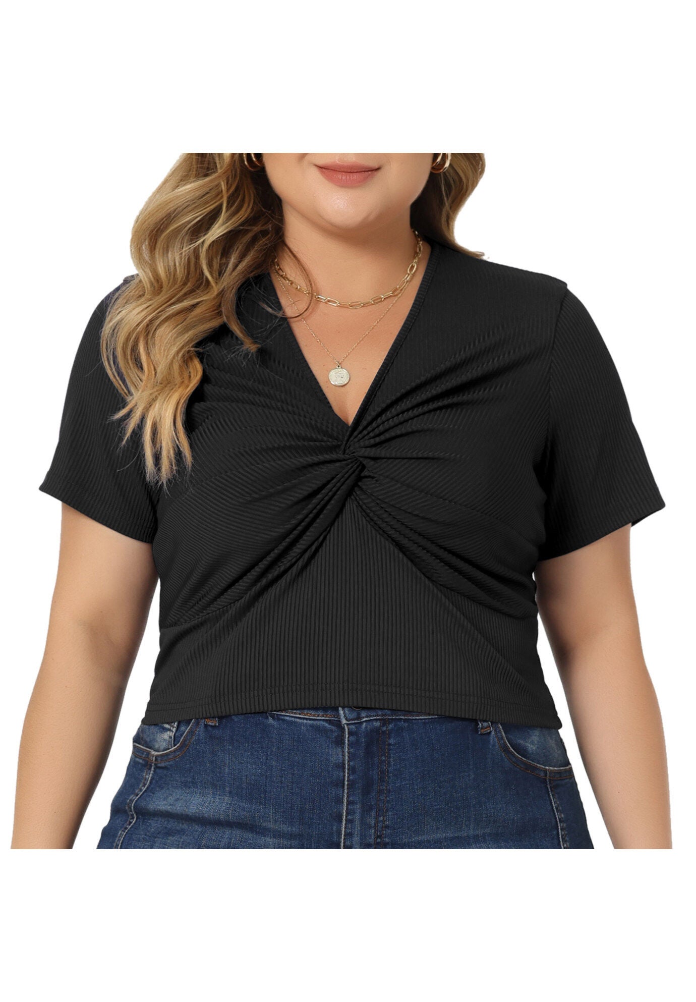 Twist Front V Neck Ribbed Short Sleeve T-Shirt Top, Black / Black, alternate image number 4