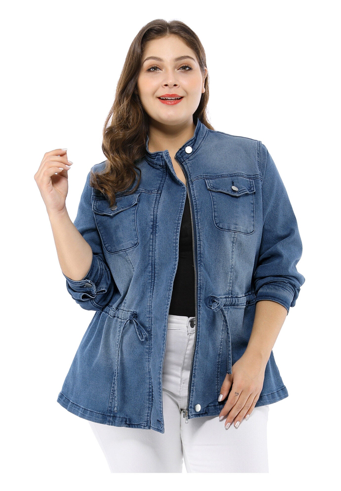 STRETCH STAND COLLAR ZIP DRAWSTRING DENIM JACKET, Blue / Azure Blue, alternate image number 1