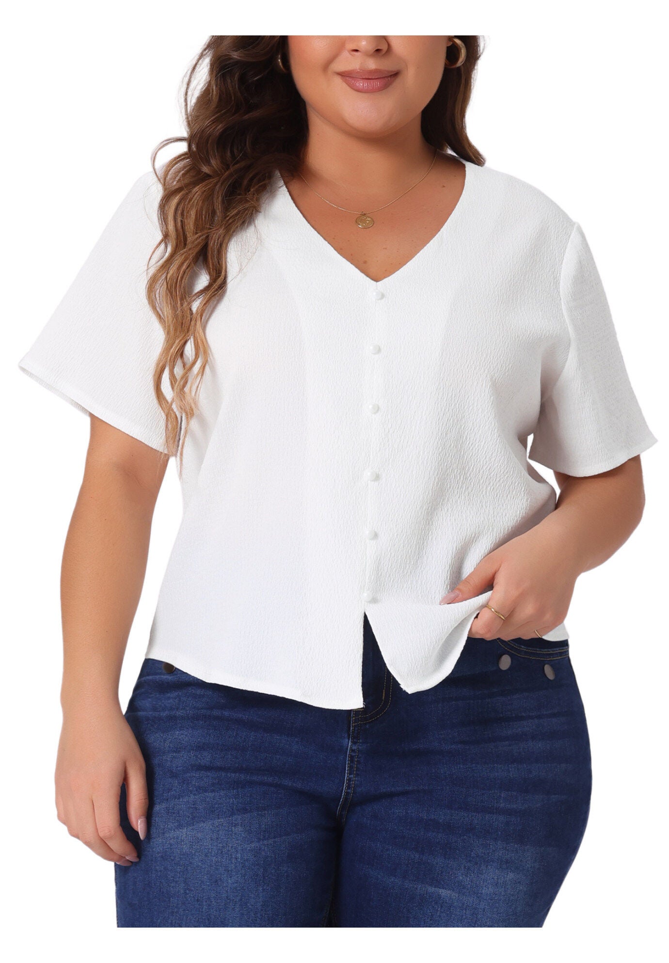 V Neck Short Sleeve Shirt with Split Hem, White / White, alternate image number 2