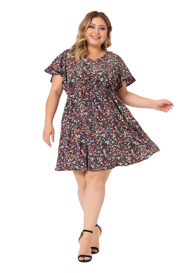 Floral Drawstring Waist V Neck Dress, Black Red / Black, hi-res image number null