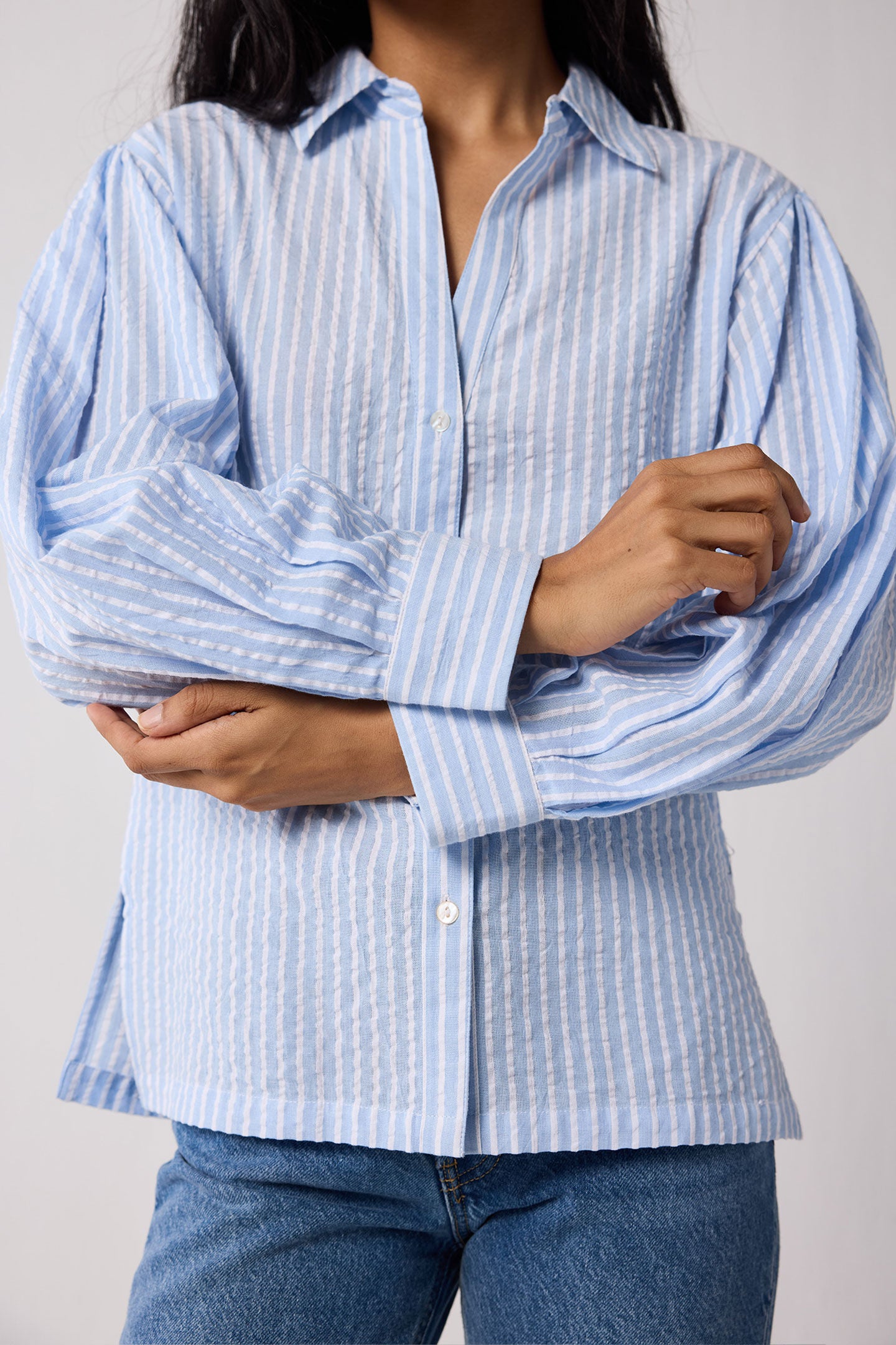 Striped Shirt with Long Balloon Sleeves in Blue, Cloudline / Light Blue, alternate image number 5