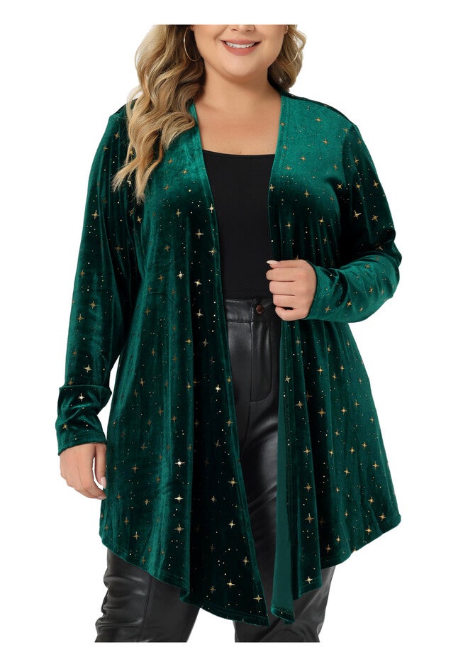 OPEN FRONT DRAPED SHINY VELVET CARDIGAN, Green / Forest Green, alternate image number 1