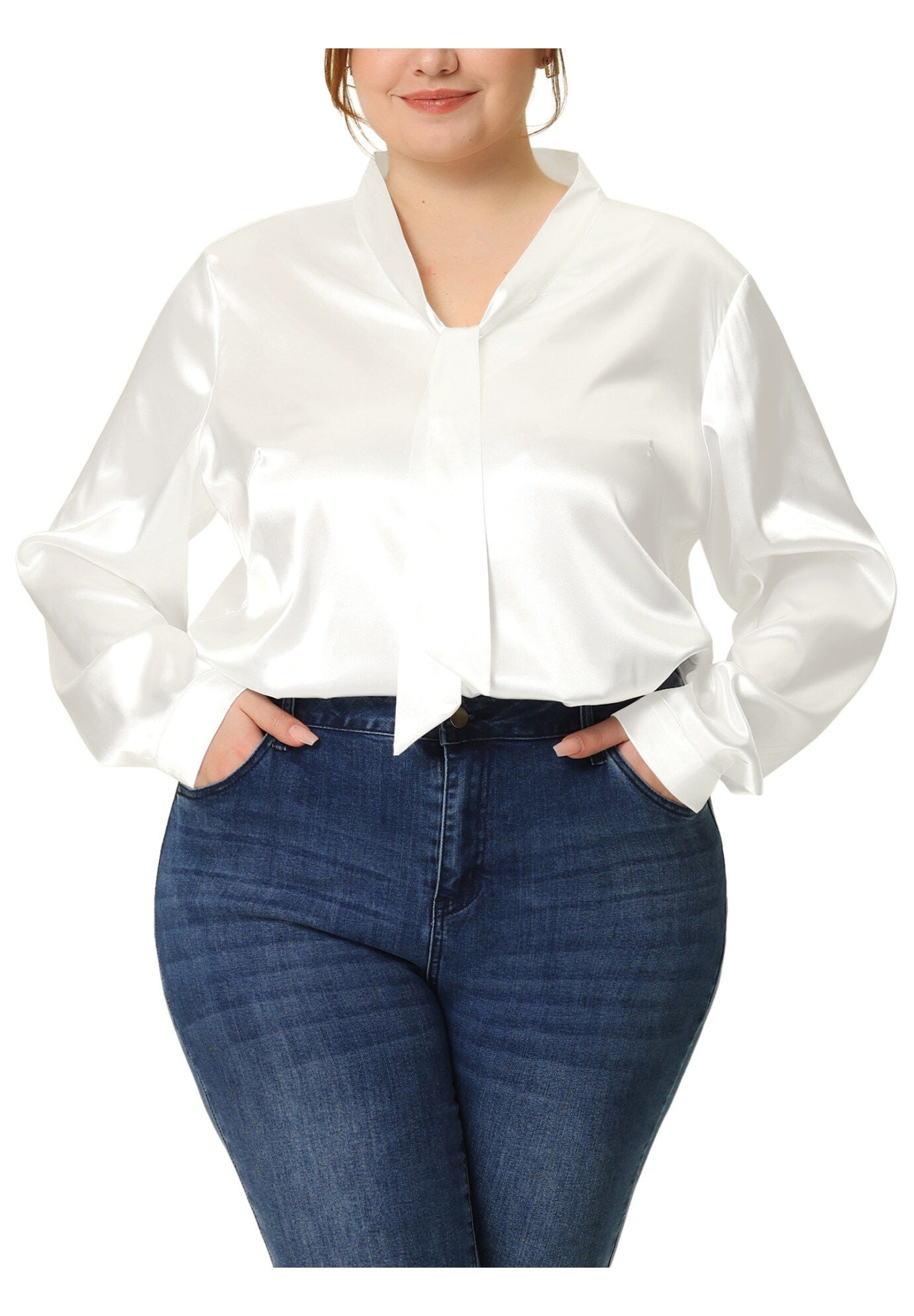 Tie Neck Satin Top Blouse, White / White, alternate image number 1