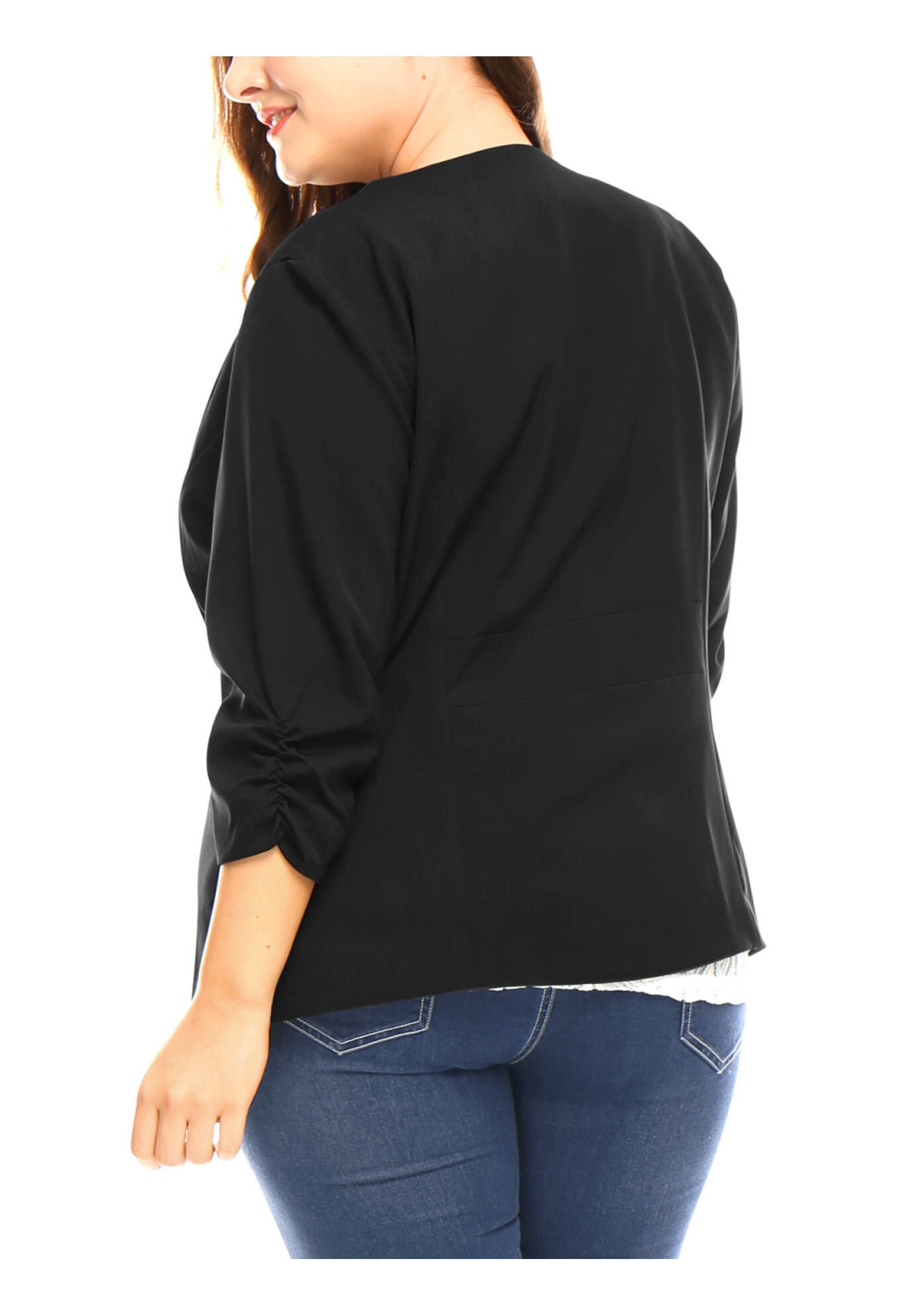 OPEN FRONT 3/4 RUCHED SLEEVE LIGHTWEIGHT BLAZER, Black / Black, alternate image number 3