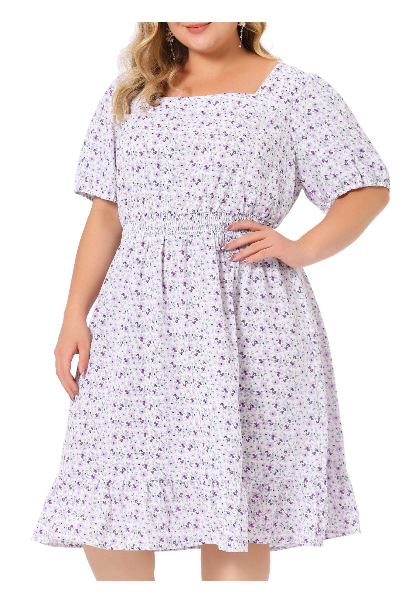 SHORT SLEEVE SQUARE NECK ELASTIC WAIST FLORAL DRESS, Purple / Purple, alternate image number 2