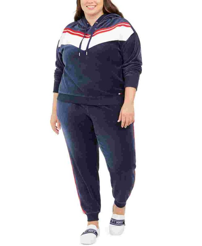 Tommy Hilfiger Sport Women's Plus Chevron Velour Hooded Sweatshirt Blue Size 1X, Blue / Navy, hi-res image number 0