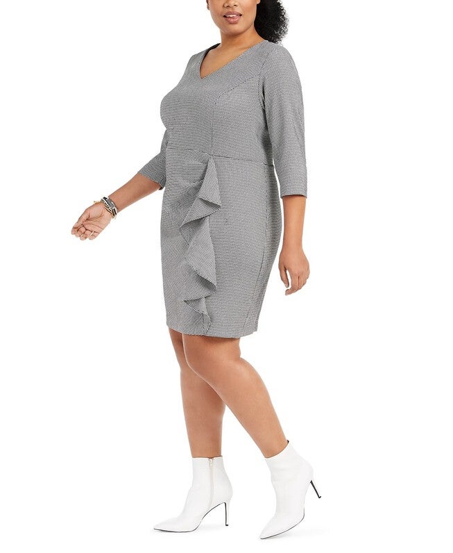 Betsey Johnson Women's Trendy Plus Size Ruffled Houndstooth Sheath Dress Gray Size 22W, , alternate image number null