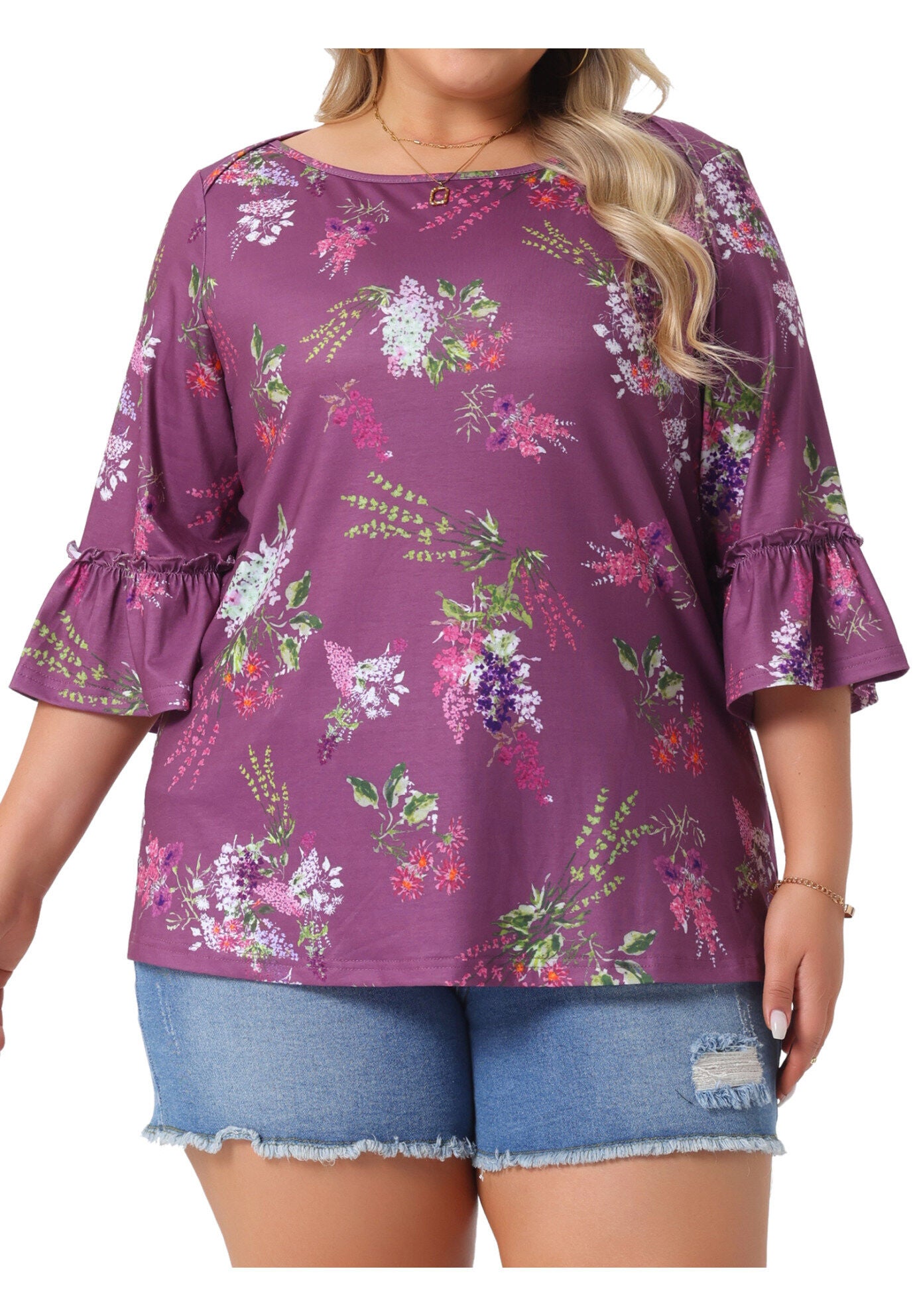 3/4 Ruffle Sleeve Boat Neck Summer Floral Top, Purple / Purple, alternate image number 2