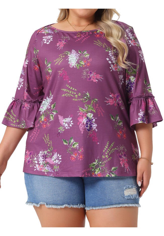 3/4 Ruffle Sleeve Boat Neck Summer Floral Top, Purple / Purple, alternate image number 2