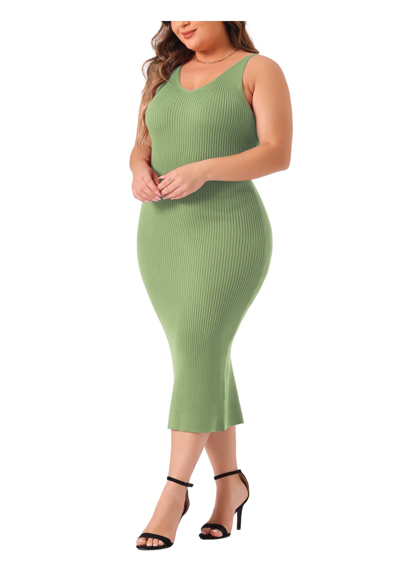 Sleeveless V Neck Ribbed Knit Bodycon Midi Sweater Cami Dress, Green / Light Green, alternate image number 1