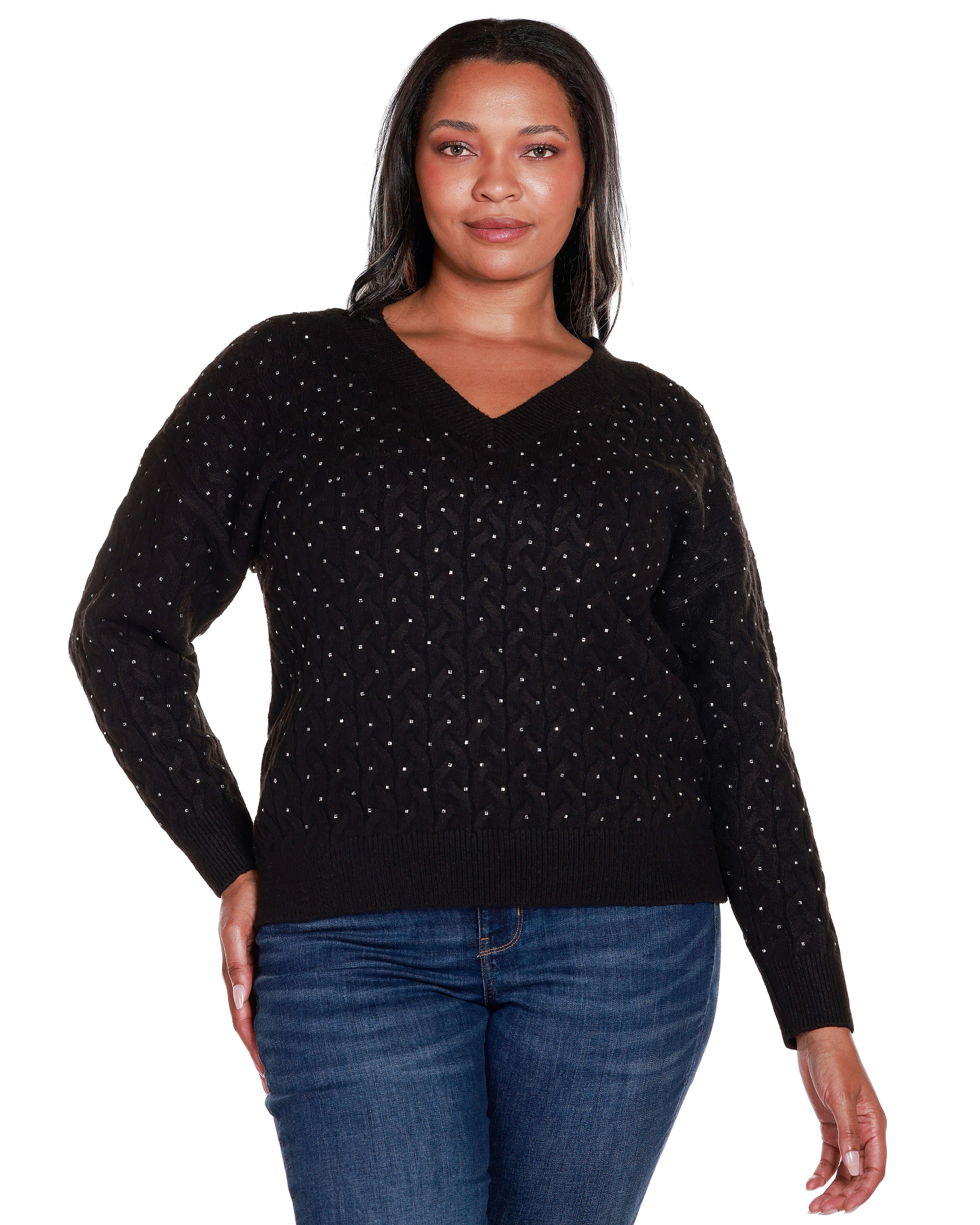 EMBELLISHED CABLED V-NECK SWEATER, Black / Black, hi-res image number 0