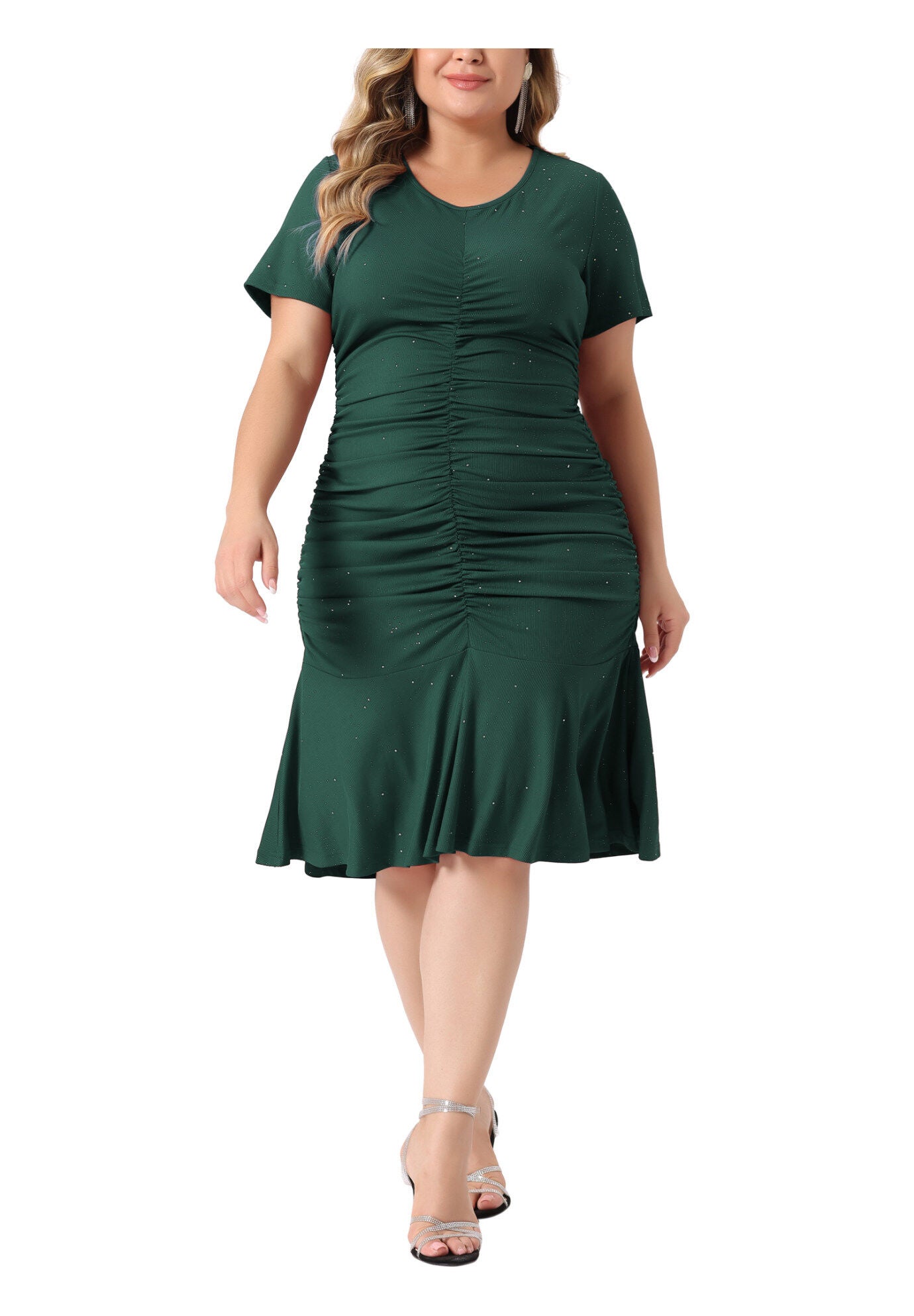 V Neck Short Sleeve Sequin Ruched Elegant Party Cocktail Dress, Dark Green / Forest Green, alternate image number 1