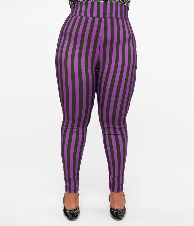 1960s Black & Purple Stripe High Waist Cigarette Pants, Black Purple Stripe / Purple, alternate image number 1