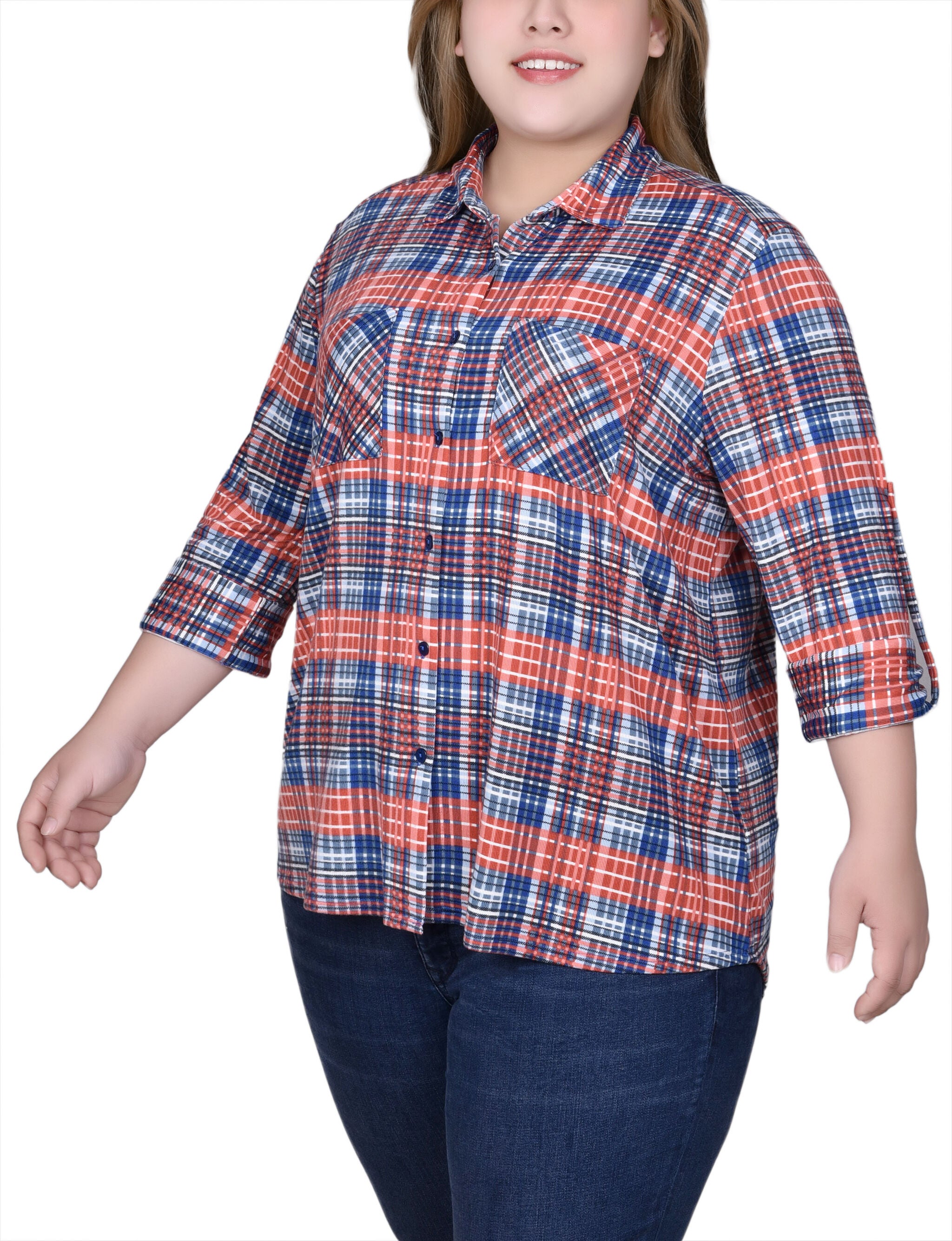 Long Sleeve Button Front Tunic Top, Rust Denim Plaid, alternate image number 2