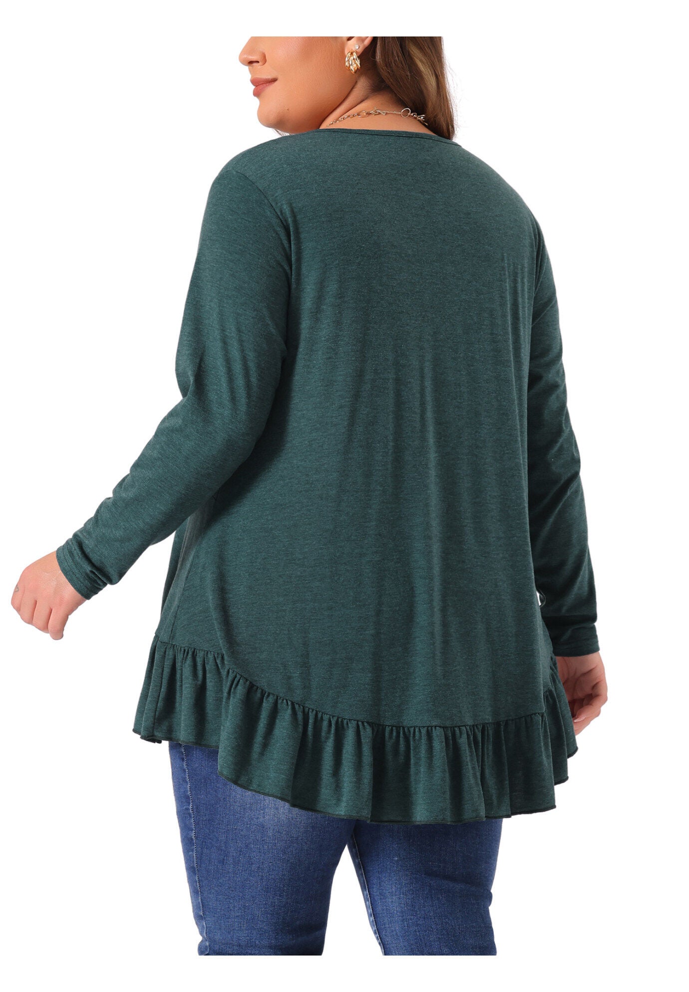Henley V Neck Ruffled Hem Flowy Blouse Tunic, Dark Green / Forest Green, alternate image number 2