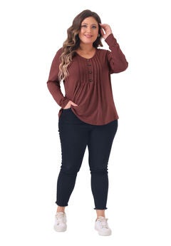Long Sleeve Pleated Front V Neck Button Blouse