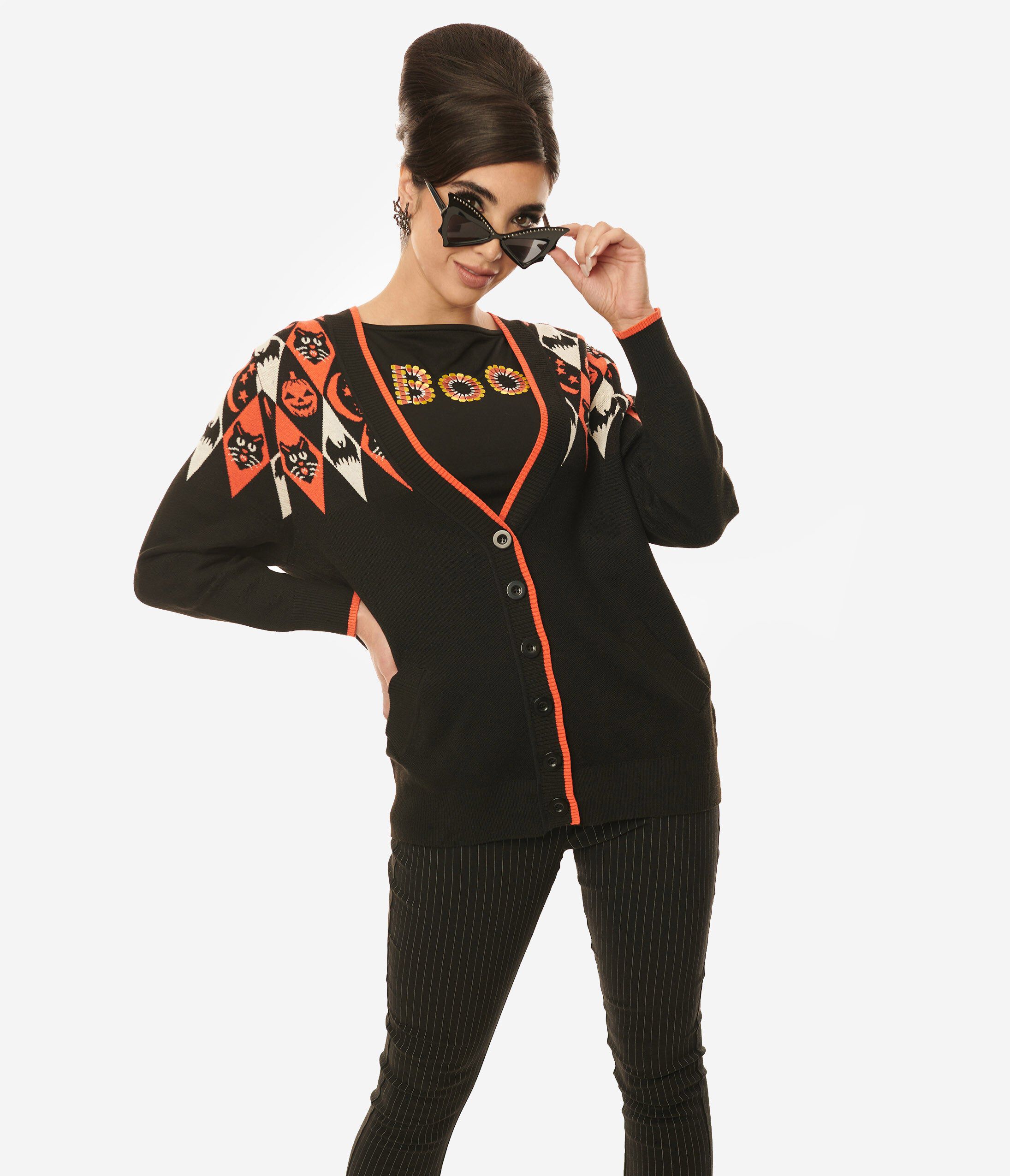 Unique Vintage Halloween Argyle Button Cardigan, Black / Black, hi-res image number 0