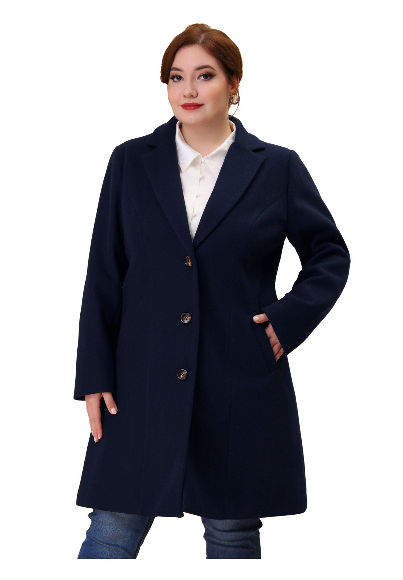 SINGLE BREASTED NOTCHED LAPEL LONG WINTER COAT, Dark Blue / Navy, alternate image number 2