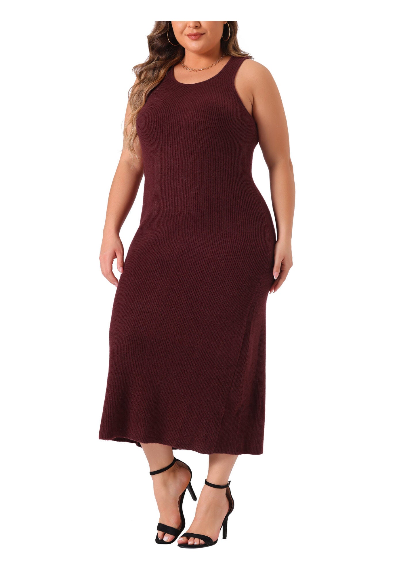 Crew Neck Sleeveless Knit Bodycon Midi Sweater Tank Dress, Burgundy / Burgundy, alternate image number 4