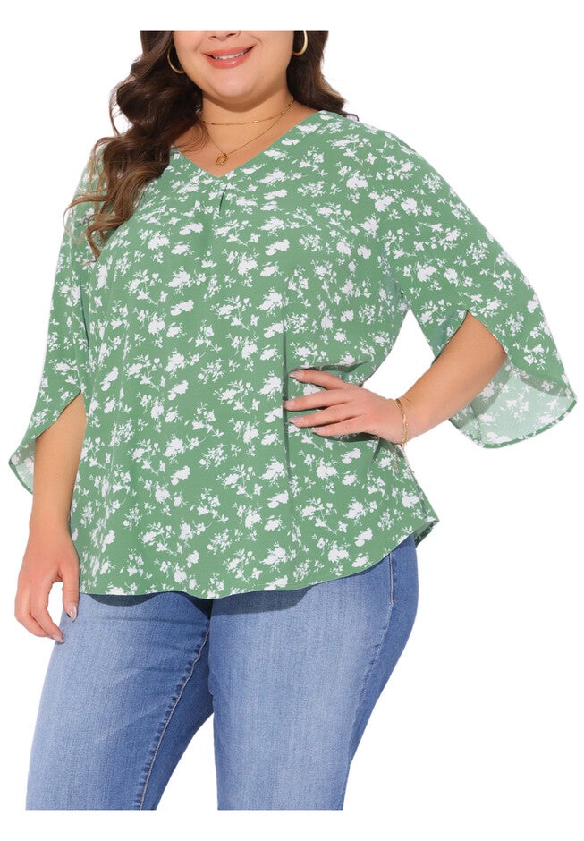 3/4 Sleeve V Neck Chiffon Shirt Tunic Top, Green / Light Green, alternate image number 1